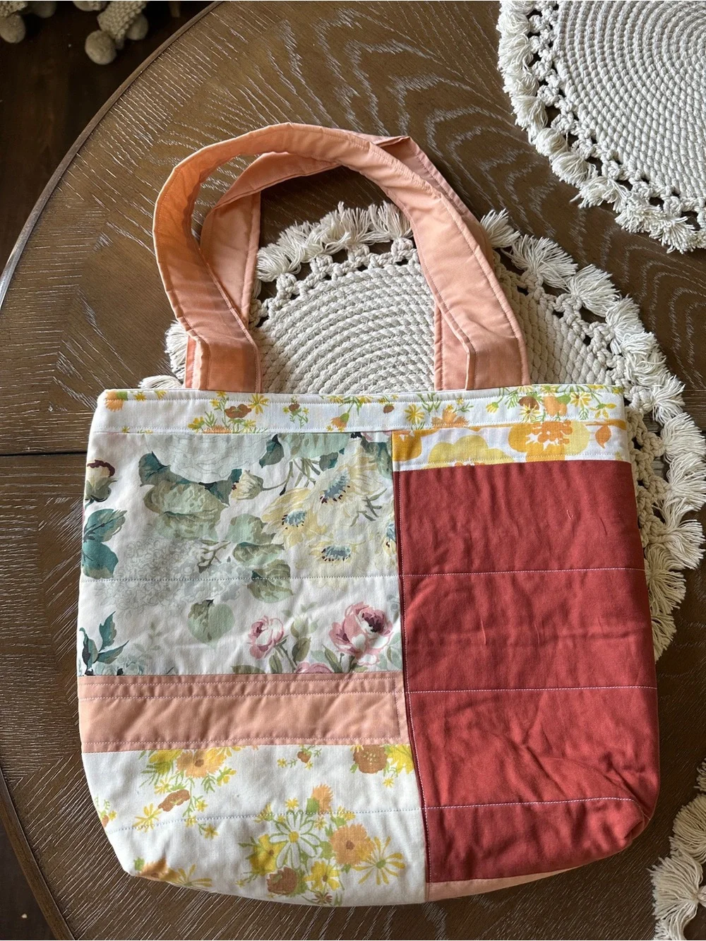 Floral Patchwork Tote Bag in Pink and Rust